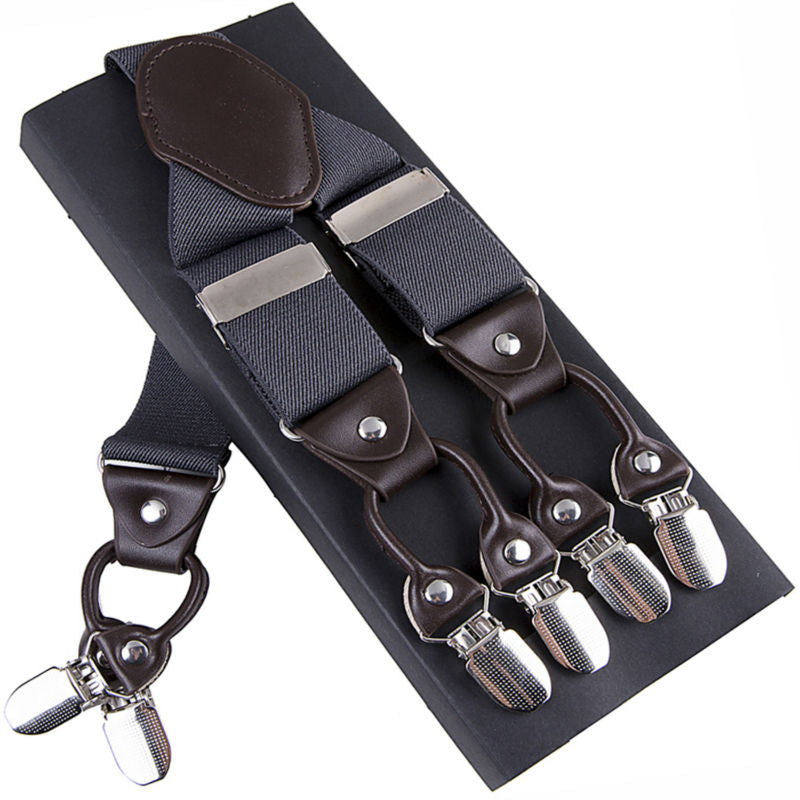 Leather & 6 Alloy Clips Casual Suspenders