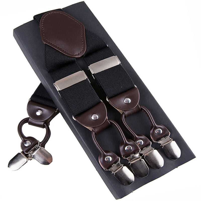 Leather & 6 Alloy Clips Casual Suspenders